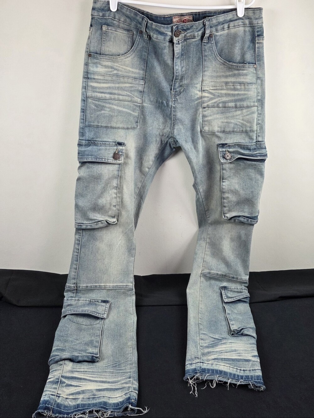 Light Wash Men's Cargo Jeans - Raw Hem, Vintage Fade